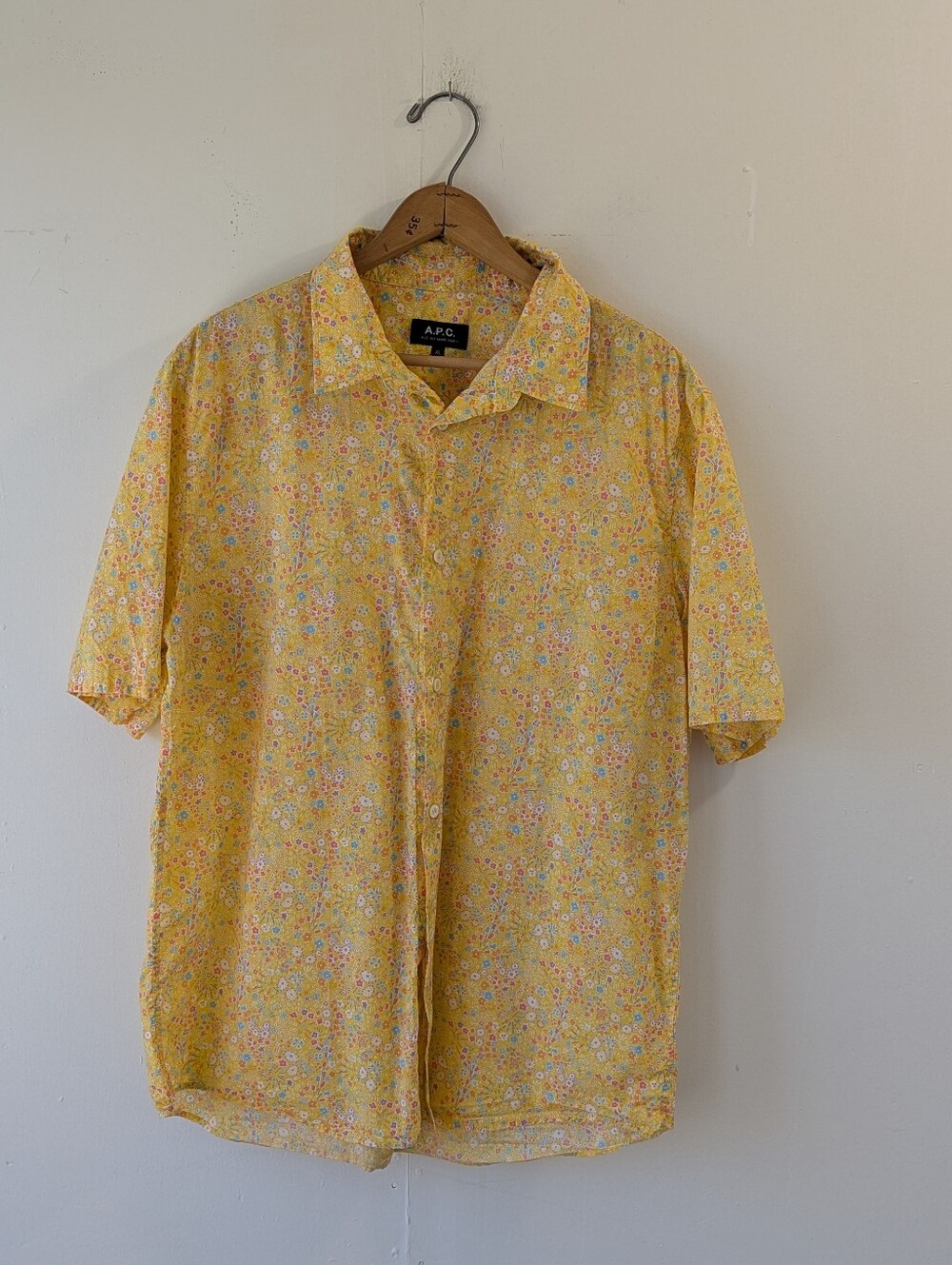 A.P.C. 100% Cotton Yellow Floral Short-Sleeve Shirt Button Up Men's Size XL